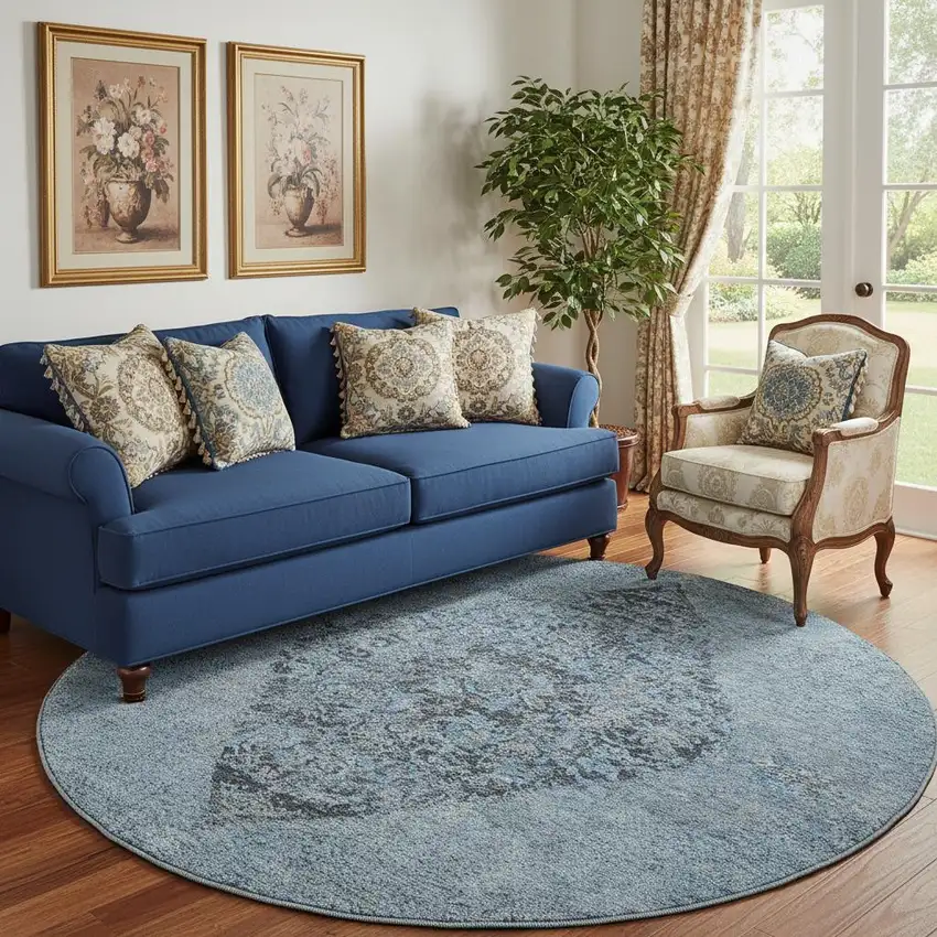 8' Denim Blue And Gray Medallion Washable Round Rug With UV Protection Photo 2