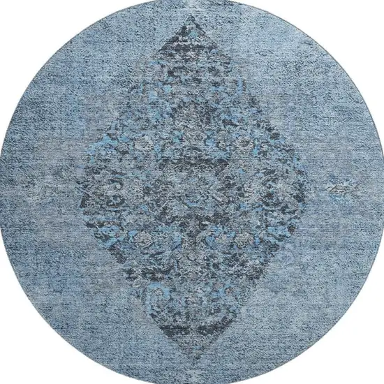 8' Denim Blue And Gray Medallion Washable Round Rug With UV Protection Photo 4