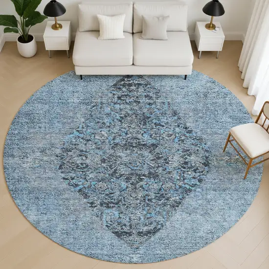 8' Denim Blue And Gray Medallion Washable Round Rug With UV Protection Photo 5