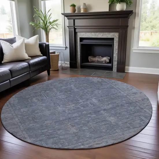 8' Denim Blue And Gray Oriental Washable Round Rug With UV Protection Photo 4