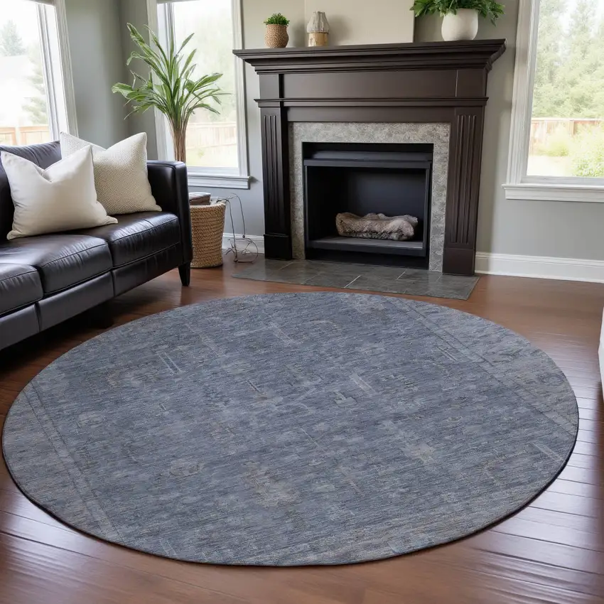 8' Denim Blue And Gray Oriental Washable Round Rug With UV Protection Photo 4