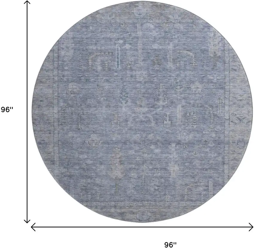 8' Denim Blue And Gray Oriental Washable Round Rug With UV Protection Photo 9