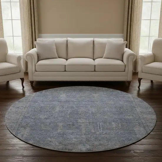 8' Denim Blue And Gray Oriental Washable Round Rug With UV Protection Photo 2