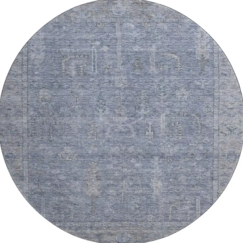 8' Denim Blue And Gray Oriental Washable Round Rug With UV Protection Photo 3