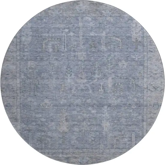 8' Denim Blue And Gray Oriental Washable Round Rug With UV Protection Photo 1