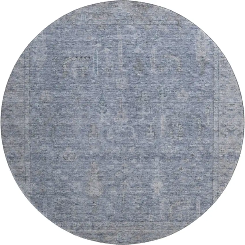 8' Denim Blue And Gray Oriental Washable Round Rug With UV Protection Photo 1