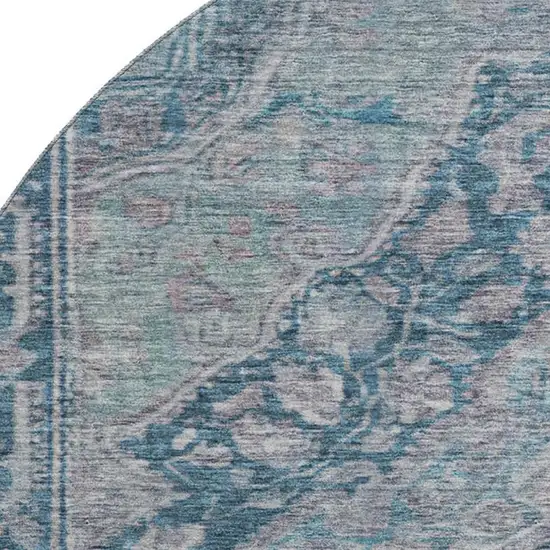 8' Denim Blue And Gray Oriental Washable Round Rug With UV Protection Photo 2