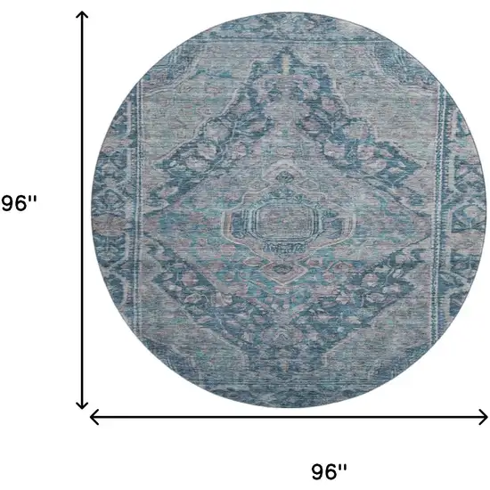 8' Denim Blue And Gray Oriental Washable Round Rug With UV Protection Photo 9