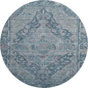 Photo of 8' Denim Blue And Gray Oriental Washable Round Rug With UV Protection