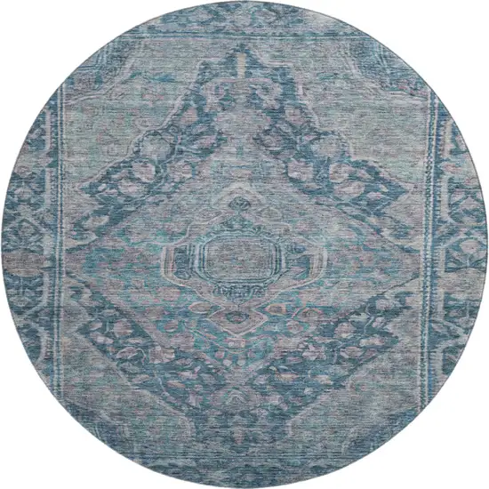 8' Denim Blue And Gray Oriental Washable Round Rug With UV Protection Photo 1