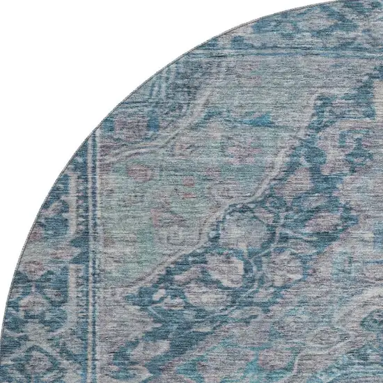 8' Denim Blue And Gray Oriental Washable Round Rug With UV Protection Photo 3