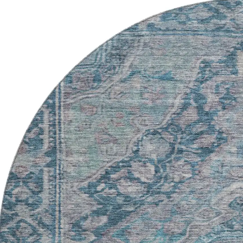 8' Denim Blue And Gray Oriental Washable Round Rug With UV Protection Photo 3