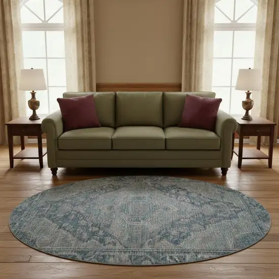 8' Denim Blue And Gray Oriental Washable Round Rug With UV Protection Photo 2