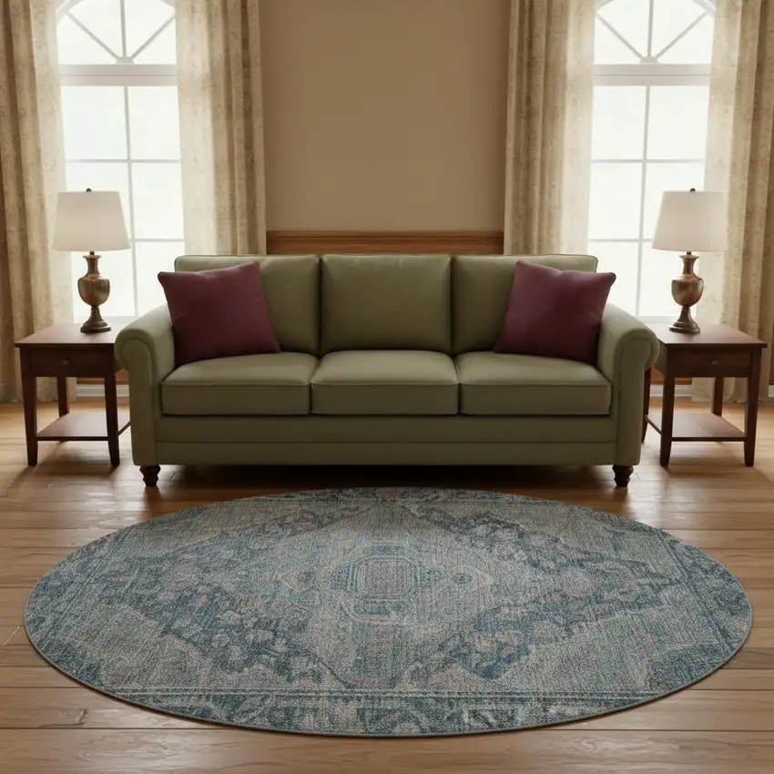 8' Denim Blue And Gray Oriental Washable Round Rug With UV Protection Photo 2