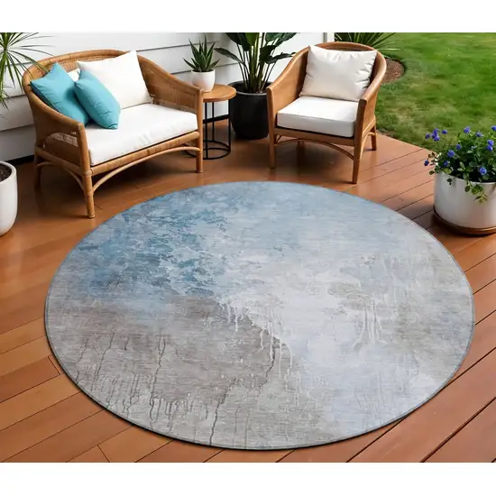 8' Denim Blue And Gray Round Abstract Washable Indoor Outdoor Area Rug Photo 1
