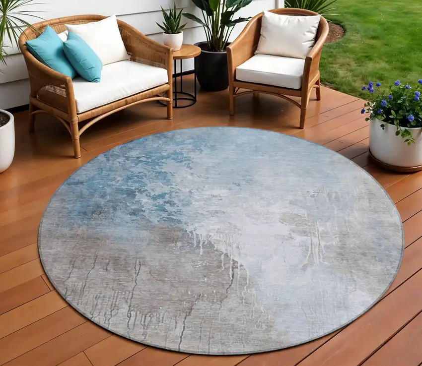 8' Denim Blue And Gray Round Abstract Washable Indoor Outdoor Area Rug Photo 2