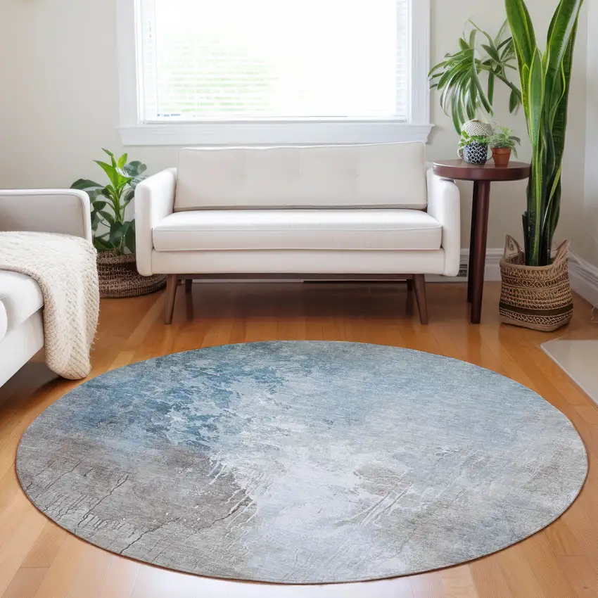 8' Denim Blue And Gray Round Abstract Washable Indoor Outdoor Area Rug Photo 6