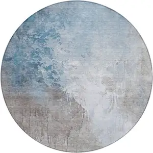 Photo of 8' Denim Blue And Gray Round Abstract Washable Indoor Outdoor Area Rug