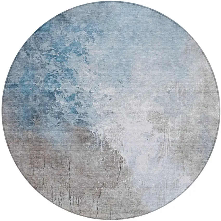 8' Denim Blue And Gray Round Abstract Washable Indoor Outdoor Area Rug Photo 2