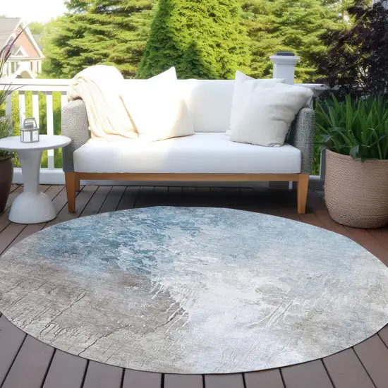 8' Denim Blue And Gray Round Abstract Washable Indoor Outdoor Area Rug Photo 5