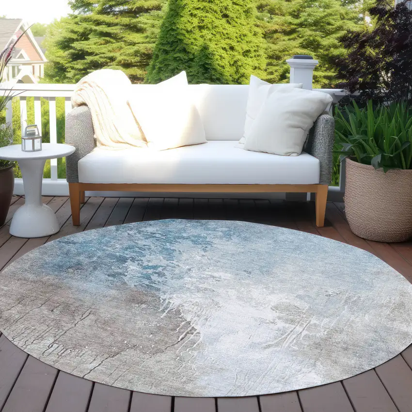 8' Denim Blue And Gray Round Abstract Washable Indoor Outdoor Area Rug Photo 5