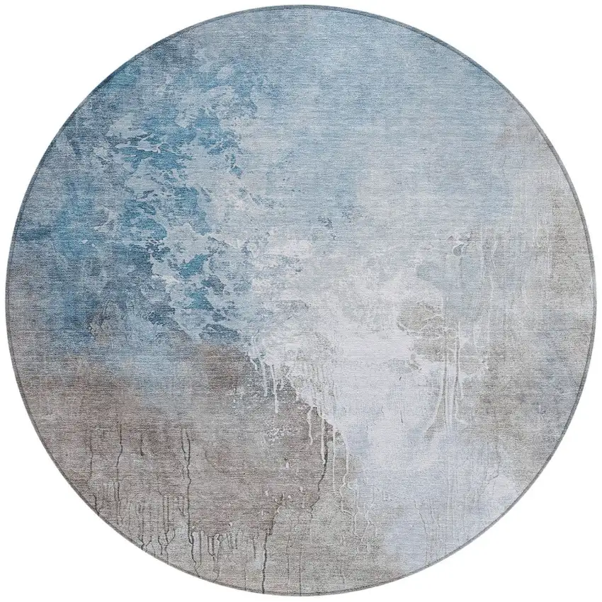 8' Denim Blue And Gray Round Abstract Washable Indoor Outdoor Area Rug Photo 3