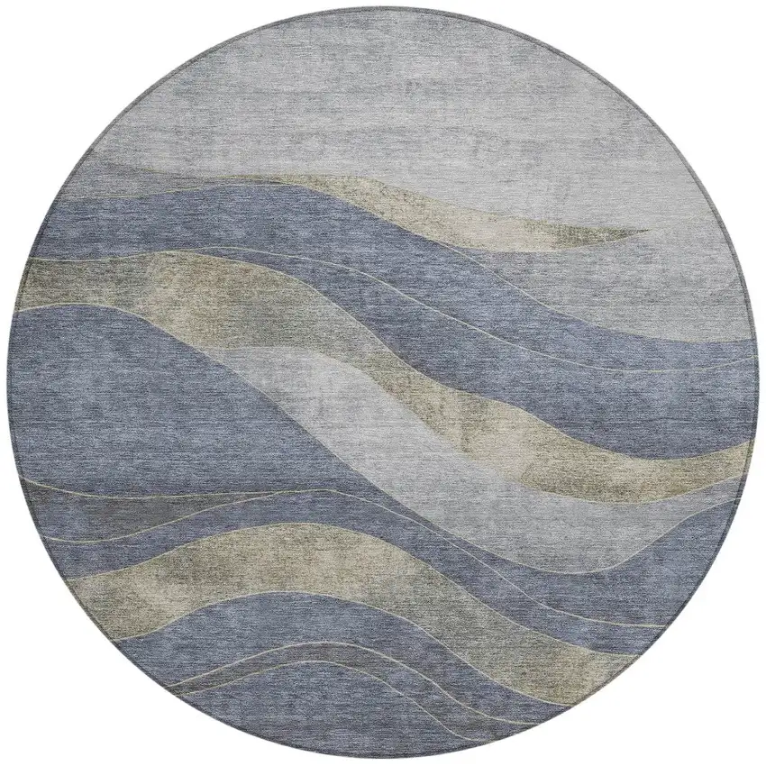 8' Denim Blue And Gray Round Abstract Washable Indoor Outdoor Area Rug Photo 3