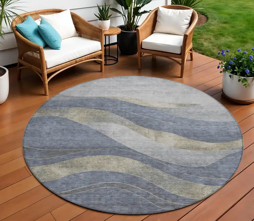 8' Denim Blue And Gray Round Abstract Washable Indoor Outdoor Area Rug Photo 2