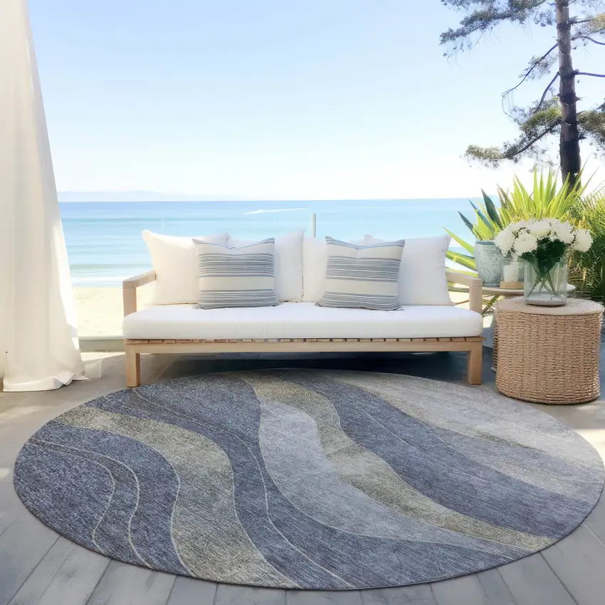 8' Denim Blue And Gray Round Abstract Washable Indoor Outdoor Area Rug Photo 6