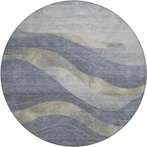 Photo of 8' Denim Blue And Gray Round Abstract Washable Indoor Outdoor Area Rug