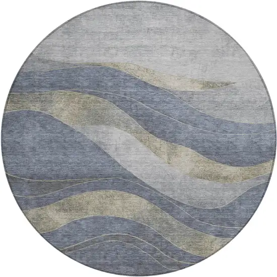 8' Denim Blue And Gray Round Abstract Washable Indoor Outdoor Area Rug Photo 1