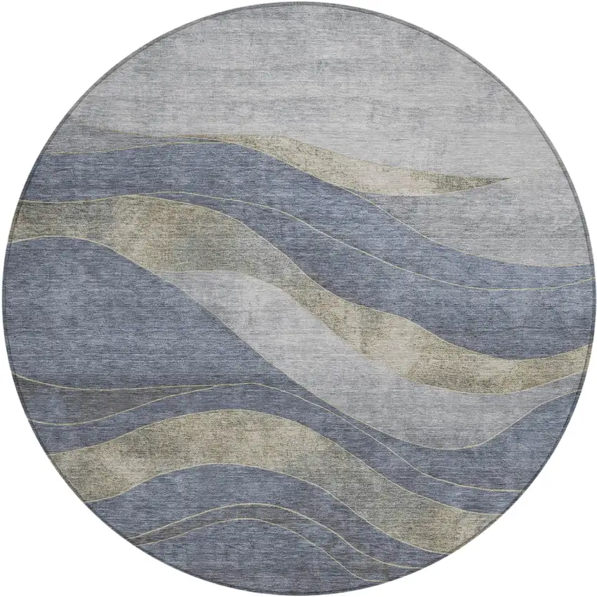 8' Denim Blue And Gray Round Abstract Washable Indoor Outdoor Area Rug Photo 1