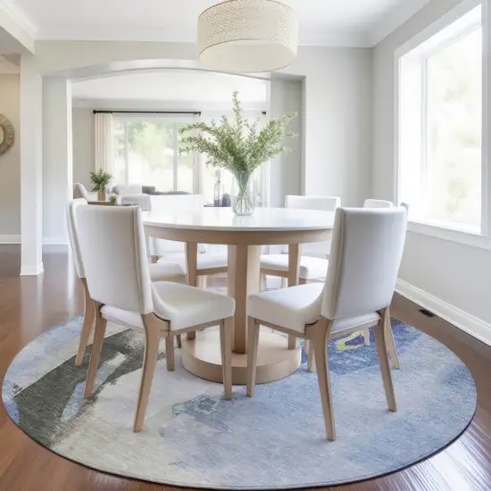 8' Denim Blue And Gray Round Abstract Washable Indoor Outdoor Area Rug Photo 6