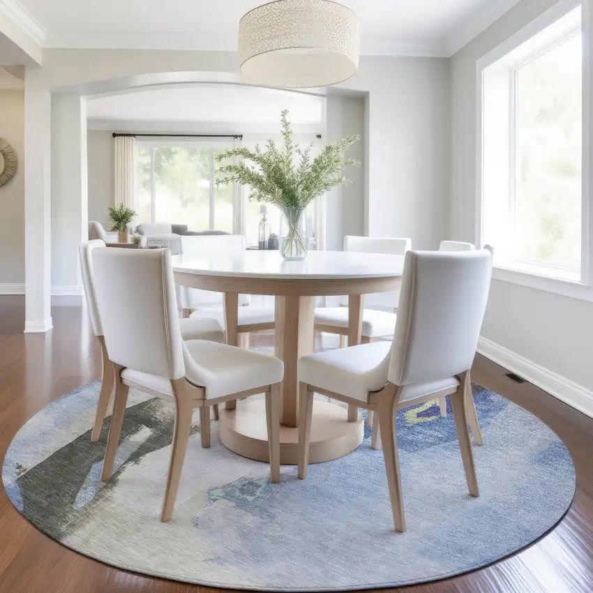 8' Denim Blue And Gray Round Abstract Washable Indoor Outdoor Area Rug Photo 6