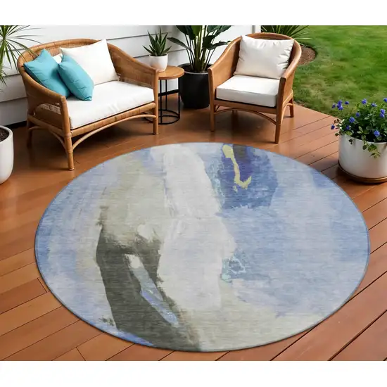 8' Denim Blue And Gray Round Abstract Washable Indoor Outdoor Area Rug Photo 2