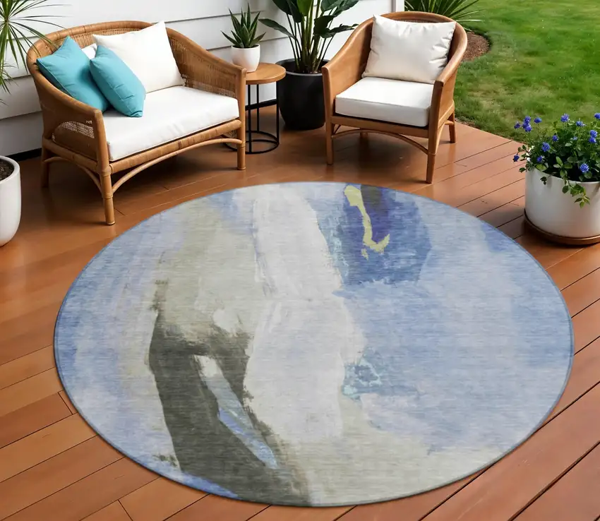8' Denim Blue And Gray Round Abstract Washable Indoor Outdoor Area Rug Photo 2