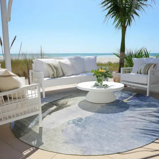 8' Denim Blue And Gray Round Abstract Washable Indoor Outdoor Area Rug Photo 5