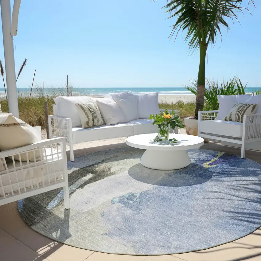 8' Denim Blue And Gray Round Abstract Washable Indoor Outdoor Area Rug Photo 5