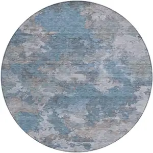 Photo of 8' Denim Blue And Gray Round Abstract Washable Indoor Outdoor Area Rug