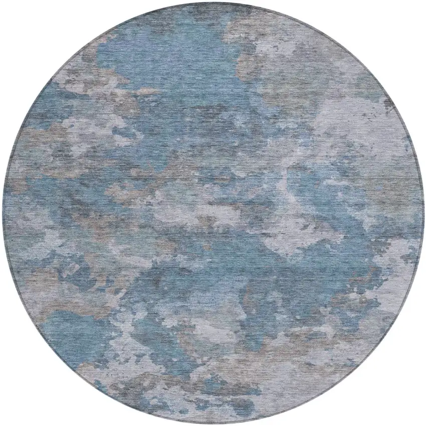 8' Denim Blue And Gray Round Abstract Washable Indoor Outdoor Area Rug Photo 1