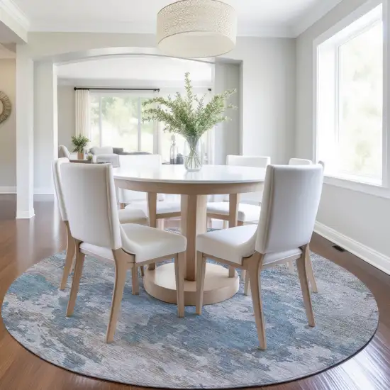 8' Denim Blue And Gray Round Abstract Washable Indoor Outdoor Area Rug Photo 6