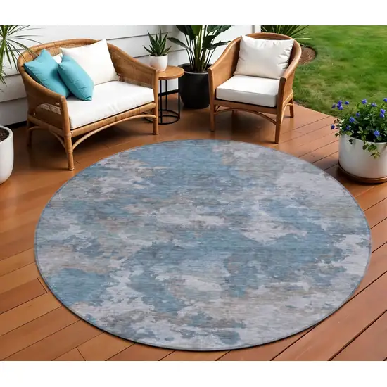 8' Denim Blue And Gray Round Abstract Washable Indoor Outdoor Area Rug Photo 2