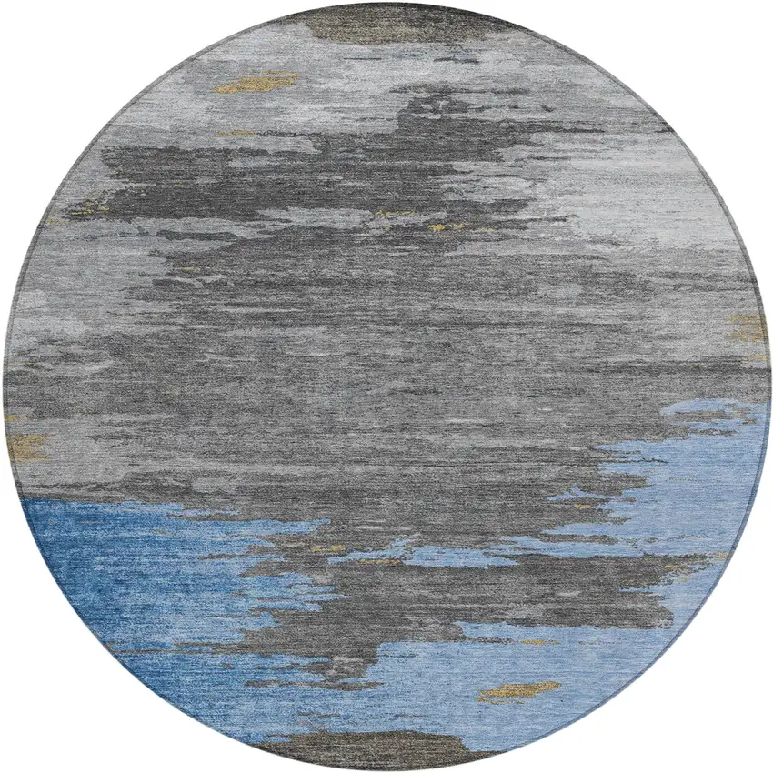 8' Denim Blue And Gray Round Abstract Washable Indoor Outdoor Area Rug Photo 1