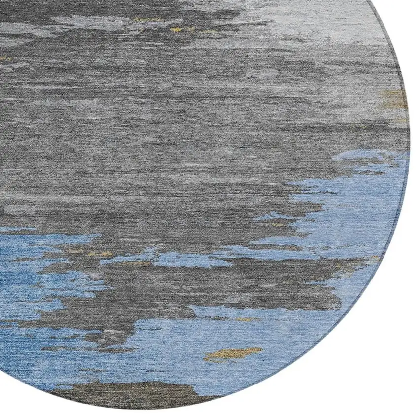 8' Denim Blue And Gray Round Abstract Washable Indoor Outdoor Area Rug Photo 8