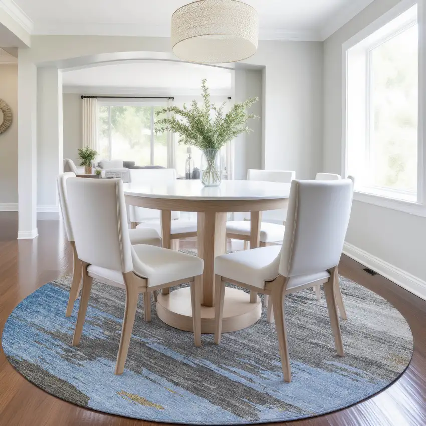 8' Denim Blue And Gray Round Abstract Washable Indoor Outdoor Area Rug Photo 6