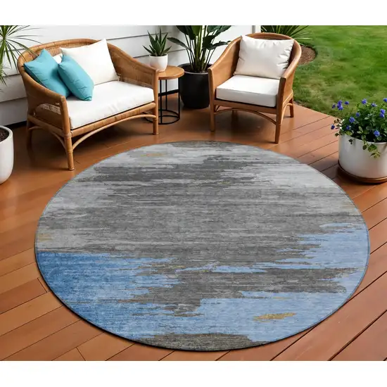 8' Denim Blue And Gray Round Abstract Washable Indoor Outdoor Area Rug Photo 2