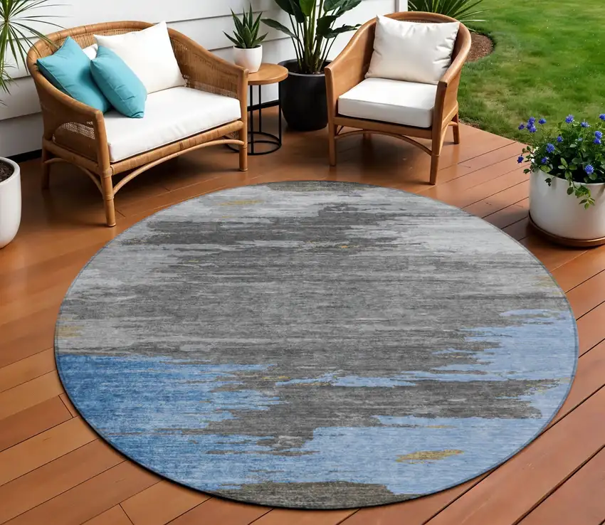 8' Denim Blue And Gray Round Abstract Washable Indoor Outdoor Area Rug Photo 2