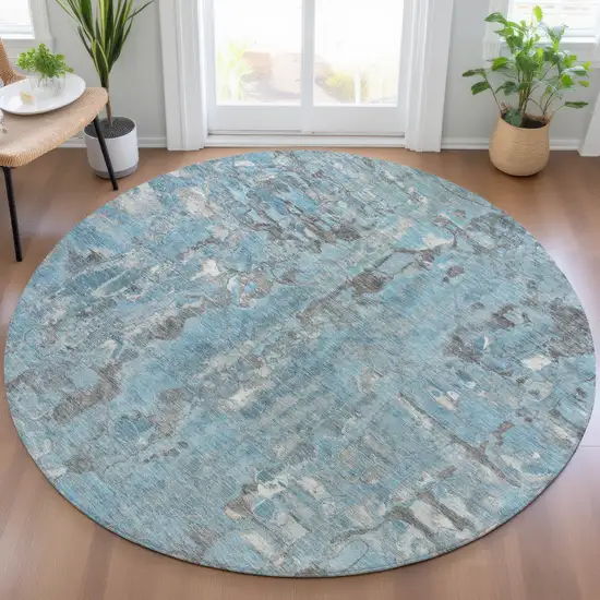 8' Denim Blue And Gray Round Abstract Washable Indoor Outdoor Area Rug Photo 7