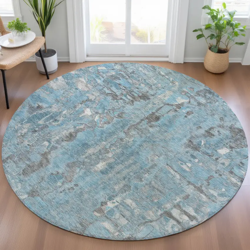 8' Denim Blue And Gray Round Abstract Washable Indoor Outdoor Area Rug Photo 7