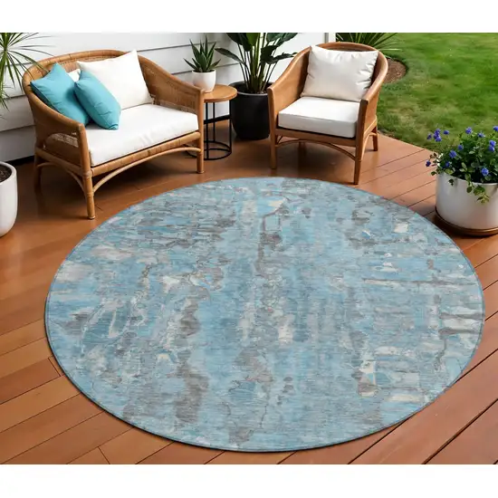 8' Denim Blue And Gray Round Abstract Washable Indoor Outdoor Area Rug Photo 1